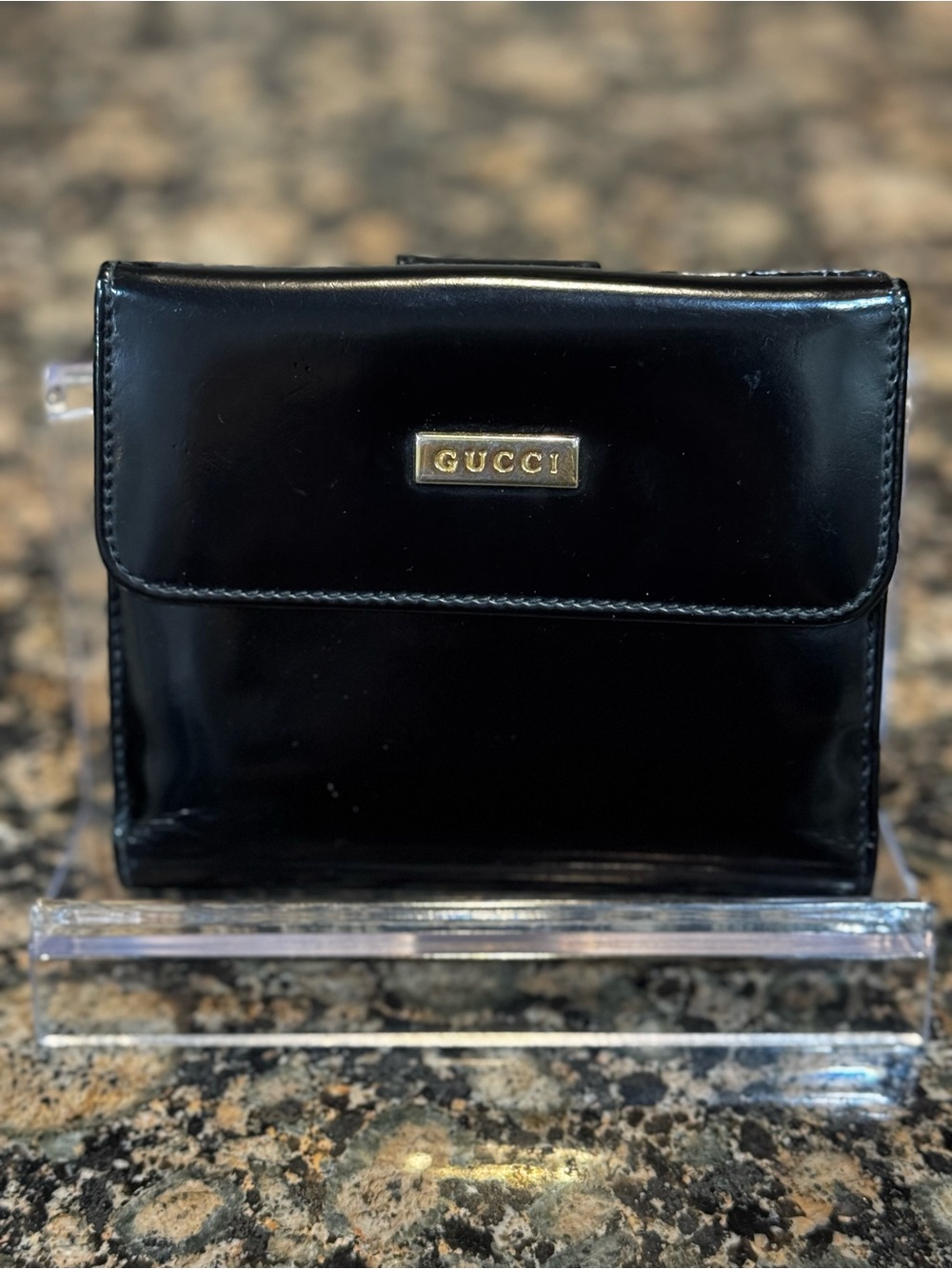 Gucci Black Patent Leather Logo Plaque Wallet